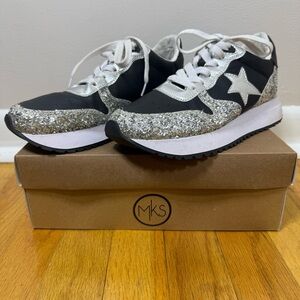 MKS Womens Fashion Sneakers Size 7 Black Silver Glitter Star Lace Up Shoes